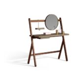 Walnut Wood Folding Vanity Desk with Round Gold Trim Mirror