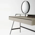 Taupe Minimalist Vanity Table with Round Mirror and Three Drawers