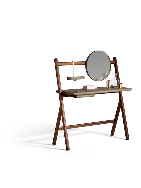 Walnut Wood Folding Vanity Desk with Round Gold Trim Mirror