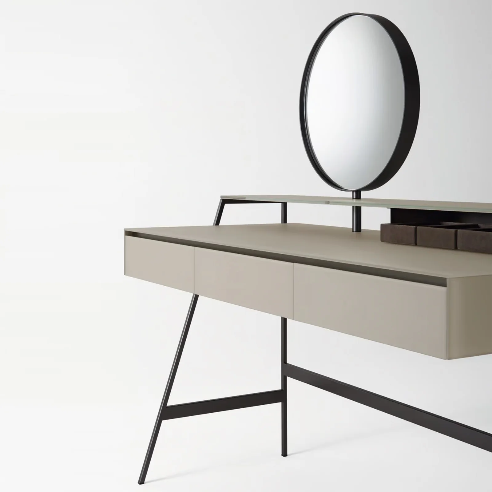 Taupe Minimalist Vanity Table with Round Mirror and Three Drawers