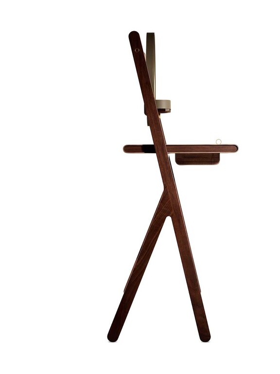 Walnut Wood Folding Vanity Desk with Round Gold Trim Mirror