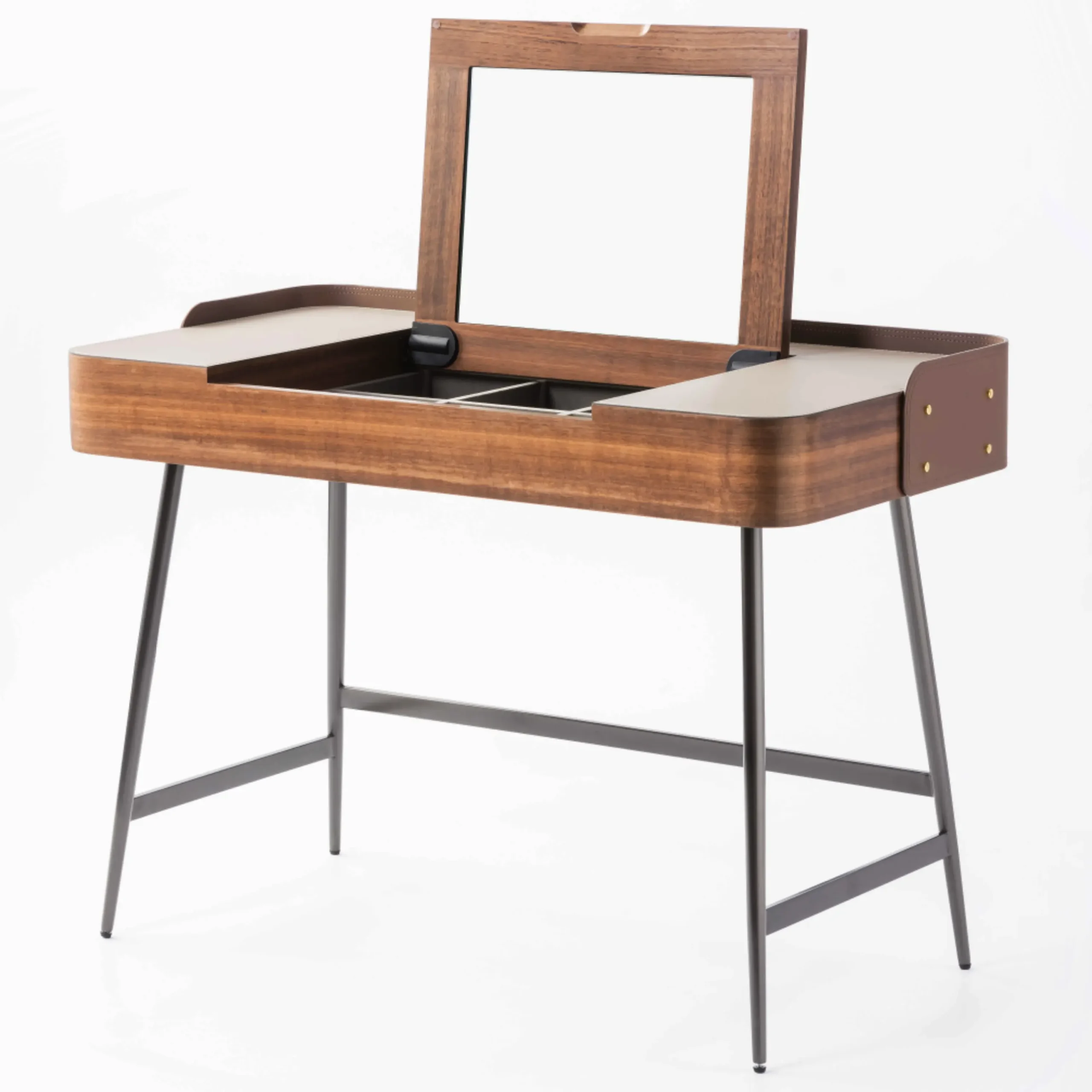 Walnut Wood Vanity Desk with Lift-Top Mirror and Leather Accents