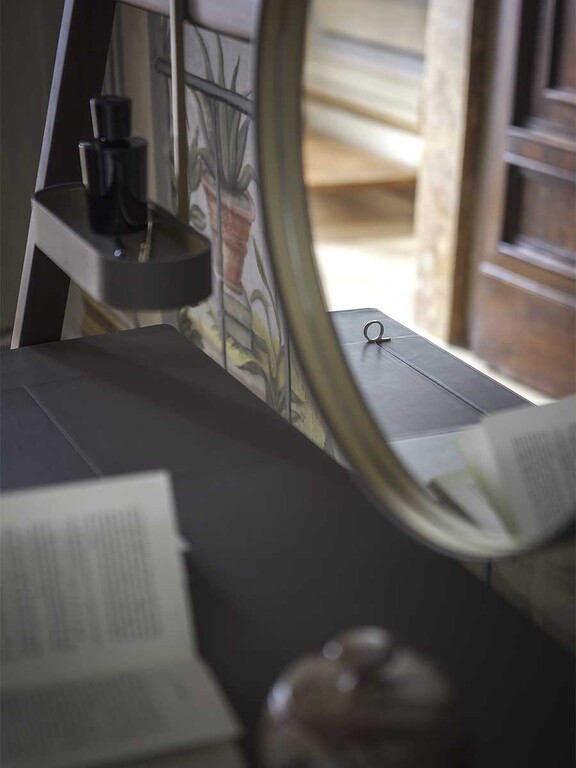 Walnut Wood Folding Vanity Desk with Round Gold Trim Mirror
