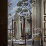 Walnut Wood Folding Vanity Desk with Round Gold Trim Mirror