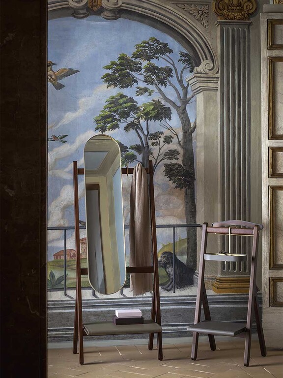 Walnut Wood Folding Vanity Desk with Round Gold Trim Mirror