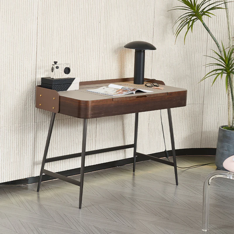 Walnut Wood Vanity Desk with Lift-Top Mirror and Leather Accents