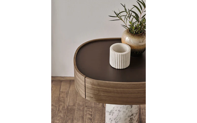 Round Walnut Top Side Table with Marble Base