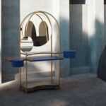 Multi Tier Gold Frame Vanity with Dual Mirrors and Marble Shelves