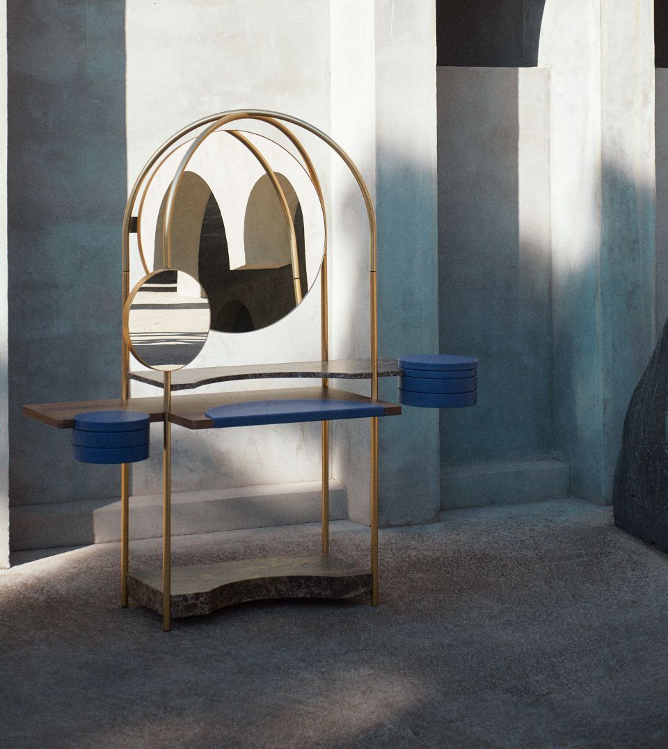 Multi Tier Gold Frame Vanity with Dual Mirrors and Marble Shelves