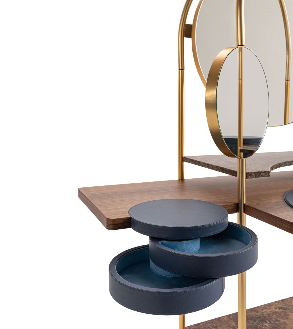 Multi Tier Gold Frame Vanity with Dual Mirrors and Marble Shelves