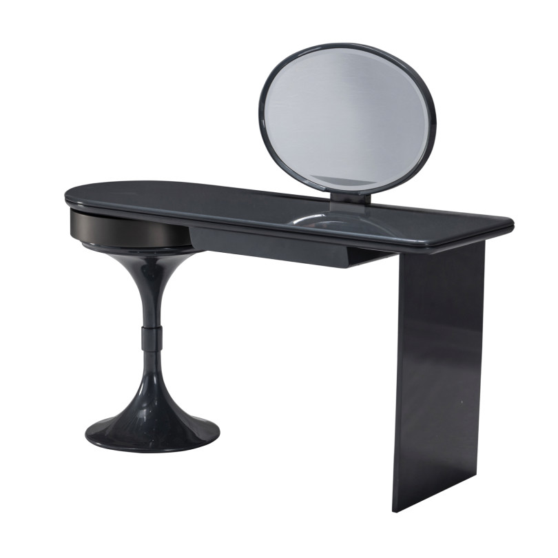 Glossy Grey Vanity Set with Round Mirror and Tulip Stool
