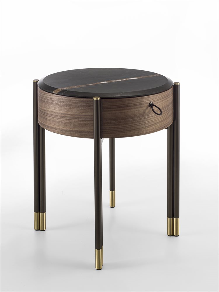 Round Marble Top Walnut Nightstand with Metal Legs