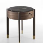 Round Marble Top Walnut Nightstand with Metal Legs