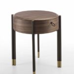 Round Marble Top Walnut Nightstand with Metal Legs