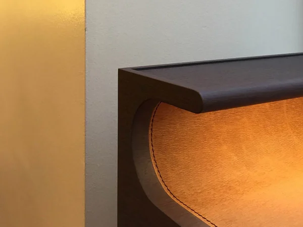 Curved Light Oak Upholstered Nightstand with Metal Frame LED lighting