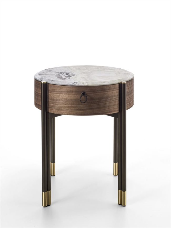 Round Marble Top Walnut Nightstand with Metal Legs