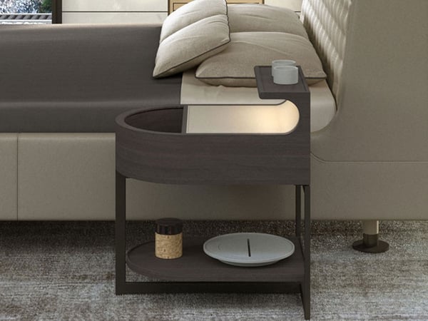 Curved Light Oak Upholstered Nightstand with Metal Frame LED lighting