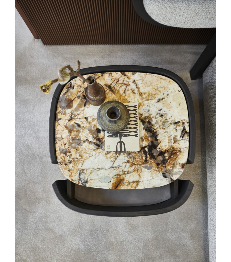 Double Tier Black Wood Nightstand with Marble Top