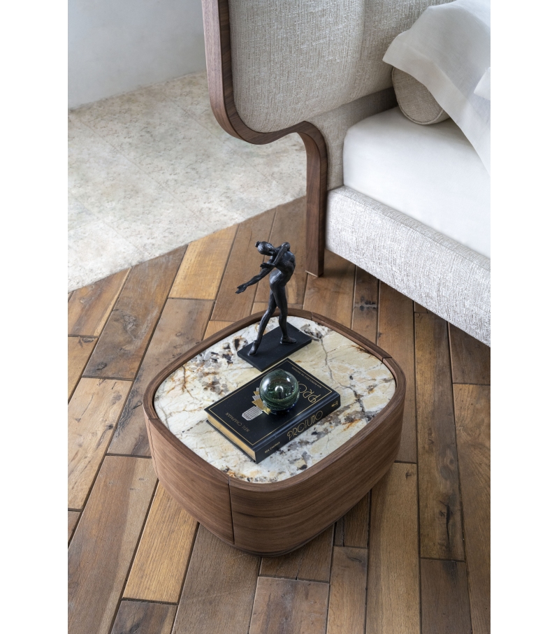 Double Tier Black Wood Nightstand with Marble Top