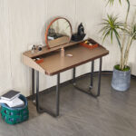 Walnut Vanity Desk with Rattan Round Mirror and Storage Tray