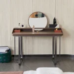 Walnut Vanity Desk with Rattan Round Mirror and Storage Tray