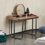 Walnut Vanity Desk with Rattan Round Mirror and Storage Tray