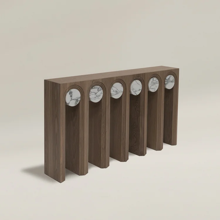 Wooden Console Table Marble Inlaid Arches Modern Artistic Decor Furniture