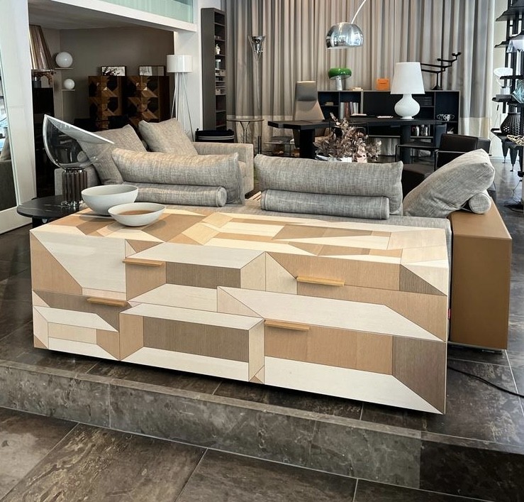 Geometric Wood Coffee Table Multi-Tone Panel Drawer Storage Modern Artistic Center Table