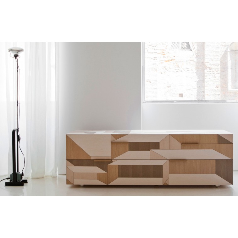 Geometric Wood Coffee Table Multi-Tone Panel Drawer Storage Modern Artistic Center Table