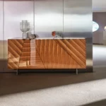 Zebrawood Console Cabinet Geometric Door Design Stainless Steel Legs Modern Artistic Storage Unit