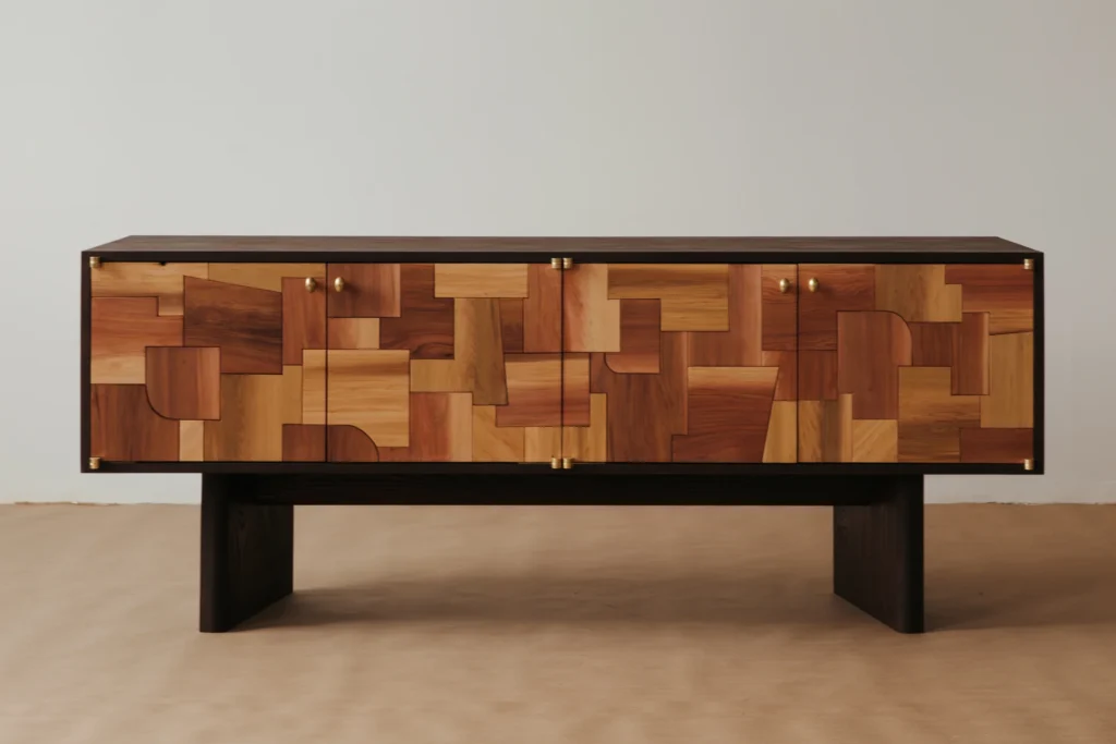 Mixed Wood Patchwork Cabinet Brass Hardware Dark Frame Storage Furniture