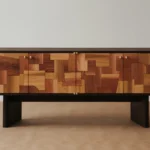 Mixed Wood Patchwork Cabinet Brass Hardware Dark Frame Storage Furniture