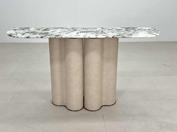 Marbled Stone Console Table Pleated Leather Legs Modern Luxury Furniture