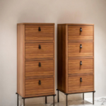 Walnut-Finish 4-Drawer Chest Black Metal Legs Modern Minimalist Storage Cabinet