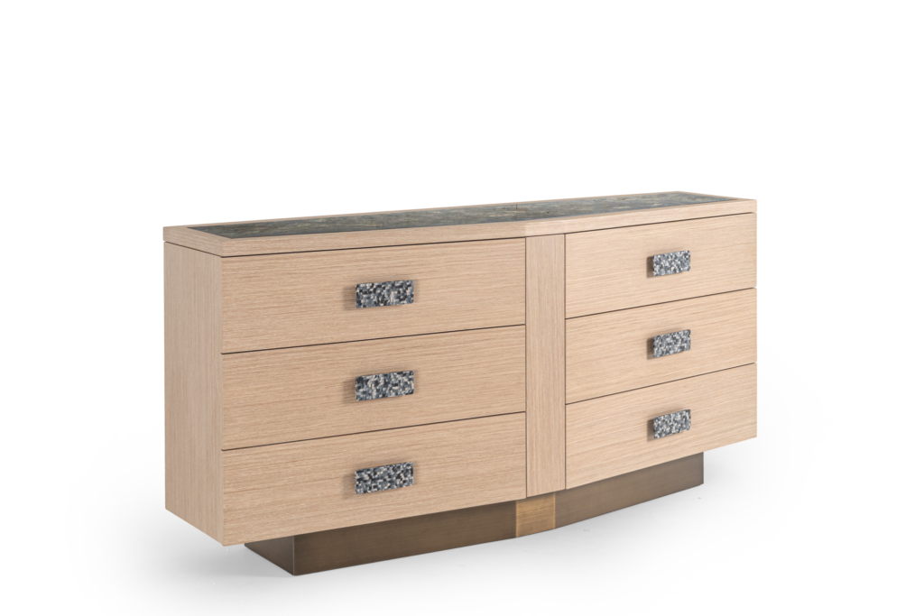 Oak Dresser Stone-Top Textured Hardware Brass Base Modern Storage Furniture