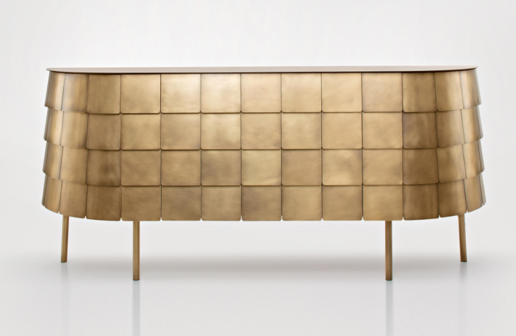 Brass Scale Console Table Curved Panel Design Slim Brass Legs Luxury Storage