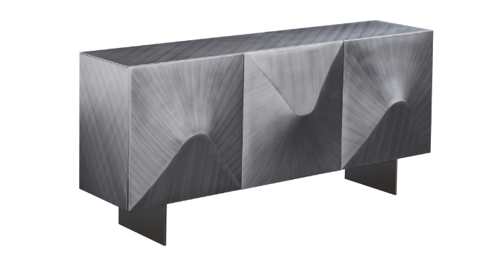Brushed Metal Cabinet Textured Wave Doors Dark Legs Modern Statement Furniture