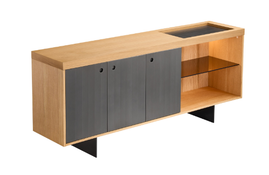 Oak Media Cabinet Metal Doors Glass Shelf LED Light Black Legs Storage Furniture