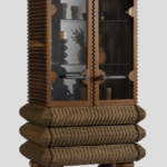 Wood Rattan Cabinet Glass Doors Textured Frame Curved Legs Display Storage Furniture