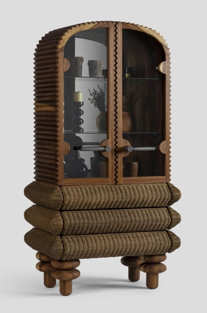 Wood Rattan Cabinet Glass Doors Textured Frame Curved Legs Display Storage Furniture