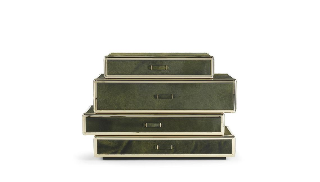 Olive-Green Nested Drawer Set Gold-Trim Textured Finish Compact Storage