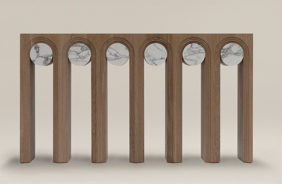 Wooden Console Table Marble Inlaid Arches Modern Artistic Decor Furniture