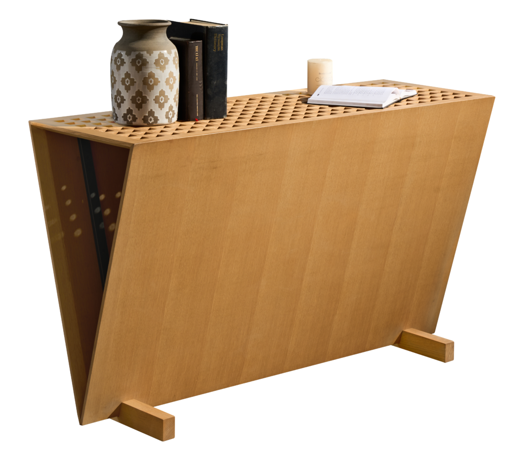 Oak Console Table Perforated Top Angled Design Modern Storage Furniture