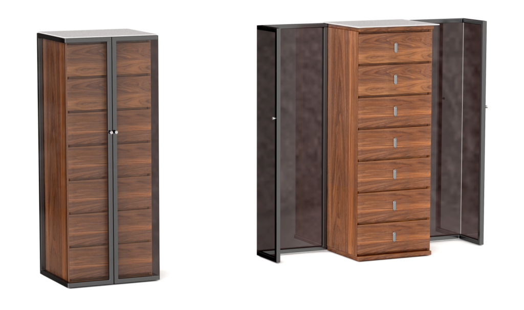 Walnut Drawer Cabinet Black Frame Glass Panel Tall Storage Modern Organizer