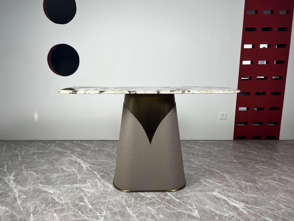 Veined Marble Top Table Leather-Clad Base Brass Accent Modern Luxury Console Furniture