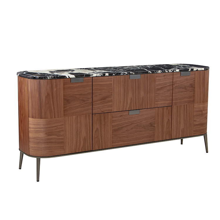 Walnut & Marble Sideboard Modern Patchwork Design Storage Cabinet