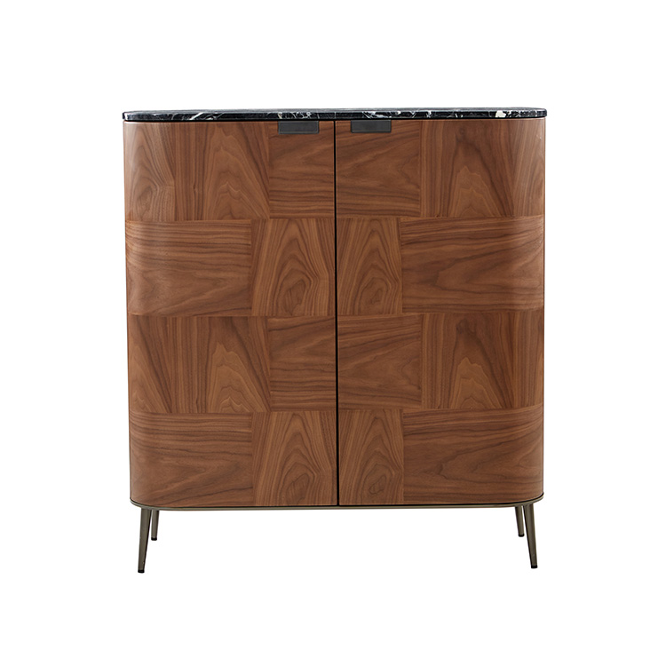 Walnut Patchwork Cabinet Marble Top Curved Modern Storage Unit