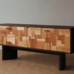 Mixed Wood Patchwork Cabinet Brass Hardware Dark Frame Storage Furniture