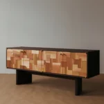 Mixed Wood Patchwork Cabinet Brass Hardware Dark Frame Storage Furniture