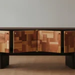 Mixed Wood Patchwork Cabinet Brass Hardware Dark Frame Storage Furniture